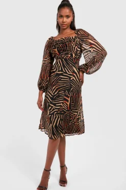 Midi Dresses*boohoo Chiffon Animal Print Rouched Midi Dress brown
