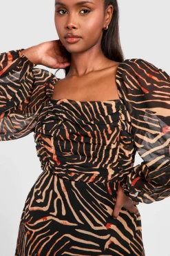 Midi Dresses*boohoo Chiffon Animal Print Rouched Midi Dress brown