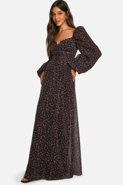 Skater Dresses*boohoo Chiffon Cherry Print Puff Sleeve Milkmaid Maxi Dress black