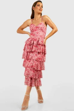Skater Dresses|Midi Dresses*boohoo Chiffon Floral Tiered Strappy Midi Dress pink