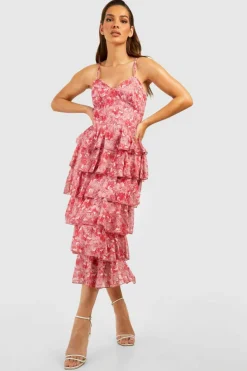 Skater Dresses|Midi Dresses*boohoo Chiffon Floral Tiered Strappy Midi Dress pink