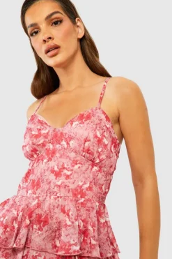 Skater Dresses|Midi Dresses*boohoo Chiffon Floral Tiered Strappy Midi Dress pink