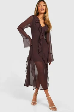 Smock Dresses|Midi Dresses*boohoo Chiffon Frill Midi Smock Dress chocolate