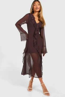 Smock Dresses|Midi Dresses*boohoo Chiffon Frill Midi Smock Dress chocolate
