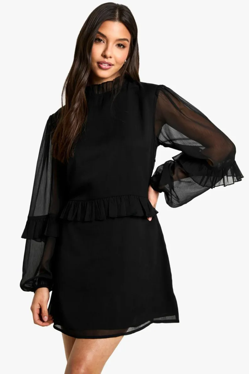 Mini Dresses|Long Sleeve Dresses*boohoo Chiffon High Neck Shift Mini Dress black