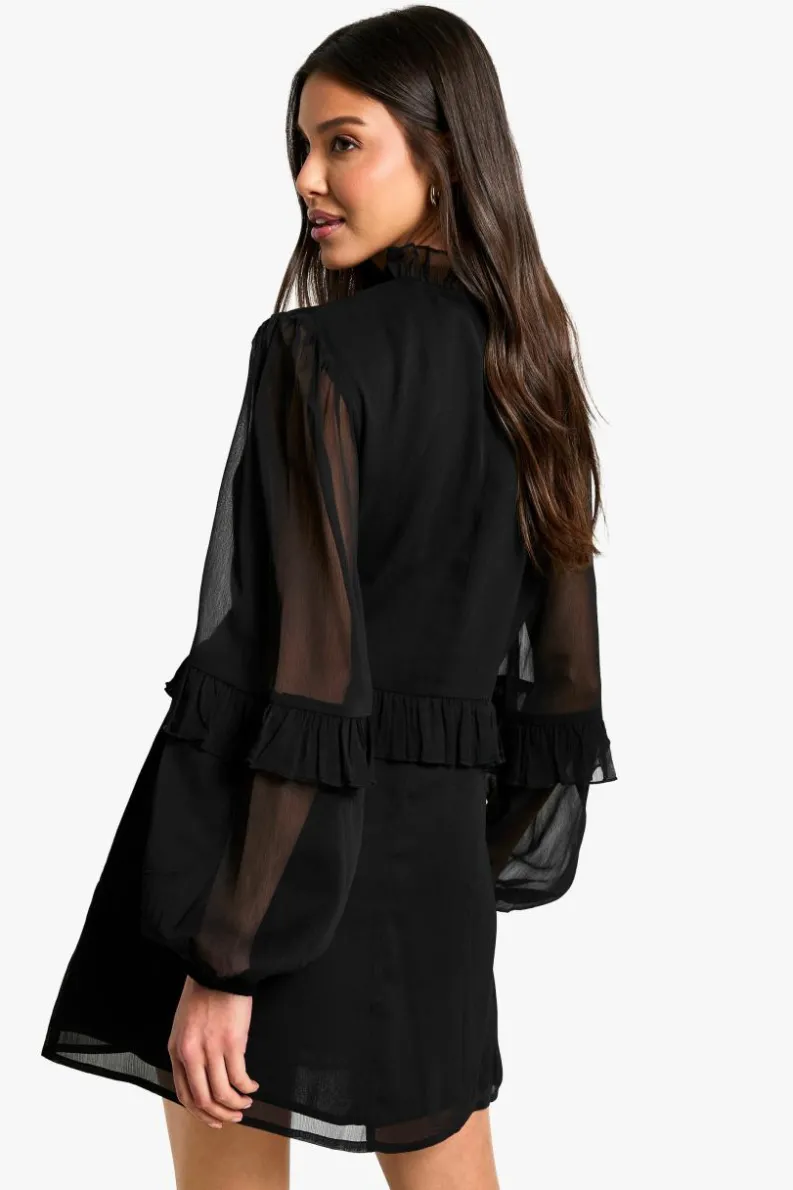 Mini Dresses|Long Sleeve Dresses*boohoo Chiffon High Neck Shift Mini Dress black