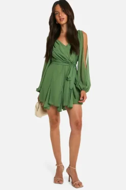 Wrap Dresses|Skater Dresses*boohoo Chiffon Lace Back Puff Sleeve Wrap Skater Dress olive