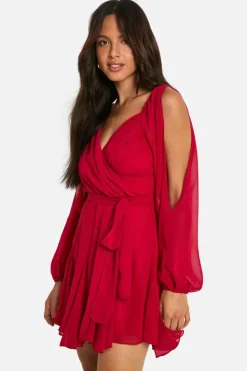 Wrap Dresses|Skater Dresses*boohoo Chiffon Lace Back Puff Sleeve Wrap Skater Dress red