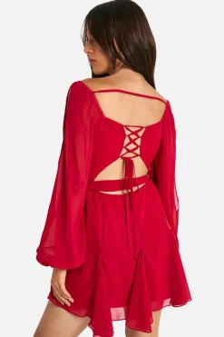 Wrap Dresses|Skater Dresses*boohoo Chiffon Lace Back Puff Sleeve Wrap Skater Dress red