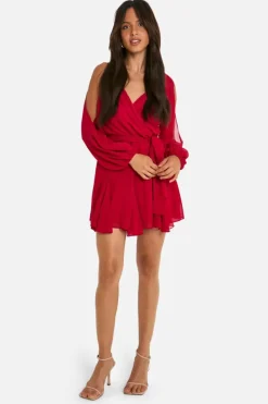 Wrap Dresses|Skater Dresses*boohoo Chiffon Lace Back Puff Sleeve Wrap Skater Dress red