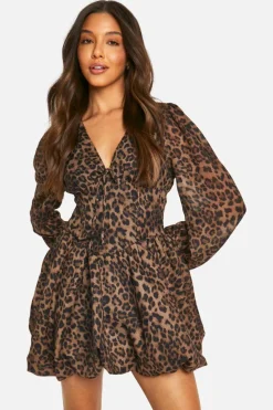 Skater Dresses|Mini Dresses*boohoo Chiffon Print Puff Sleeve Milkmaid Skater Dress leopard