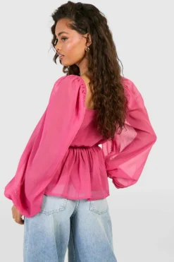 Long Sleeve Tops*boohoo Chiffon Milkmaid Long Sleeve Top pink
