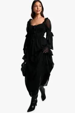Smock Dresses*boohoo Chiffon Milkmaid Midaxi Dress black