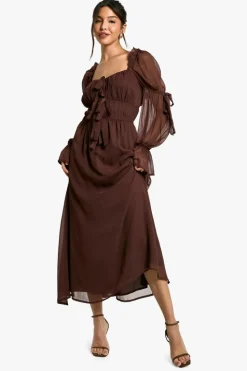 Smock Dresses*boohoo Chiffon Milkmaid Midaxi Dress chocolate