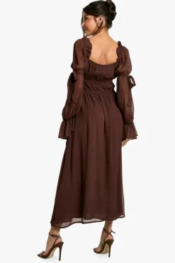 Smock Dresses*boohoo Chiffon Milkmaid Midaxi Dress chocolate