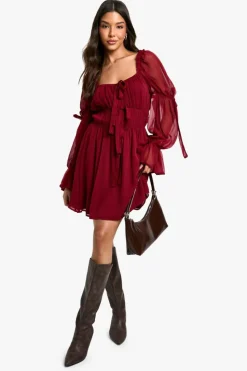 Smock Dresses*boohoo Chiffon Milkmaid Mini Dress burgundy