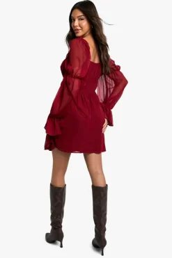 Smock Dresses*boohoo Chiffon Milkmaid Mini Dress burgundy