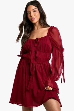 Smock Dresses*boohoo Chiffon Milkmaid Mini Dress burgundy