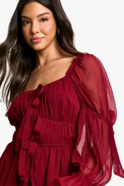 Smock Dresses*boohoo Chiffon Milkmaid Mini Dress burgundy