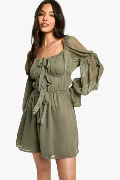 Smock Dresses*boohoo Chiffon Milkmaid Mini Dress dark olive