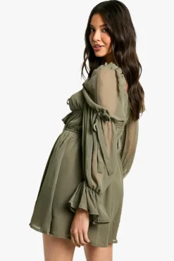 Smock Dresses*boohoo Chiffon Milkmaid Mini Dress dark olive