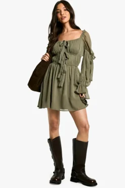 Smock Dresses*boohoo Chiffon Milkmaid Mini Dress dark olive