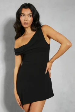 A Line Dresses*MissPap Chiffon Off The Shoulder Asymmetric Mini Dress black