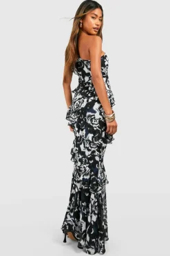 Maxi Dresses*boohoo Chiffon Printed One Shoulder Maxi Dress black