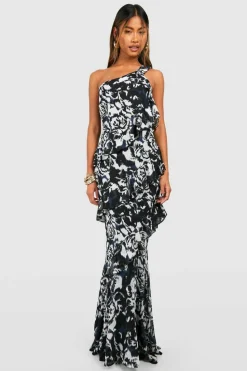 Maxi Dresses*boohoo Chiffon Printed One Shoulder Maxi Dress black