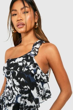 Maxi Dresses*boohoo Chiffon Printed One Shoulder Maxi Dress black
