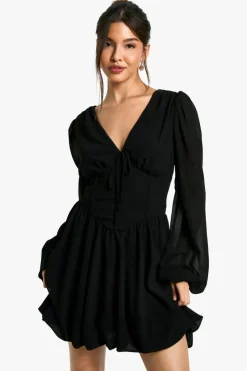 Skater Dresses|Mini Dresses*boohoo Chiffon Puff Sleeve Milkmaid Skater Dress black