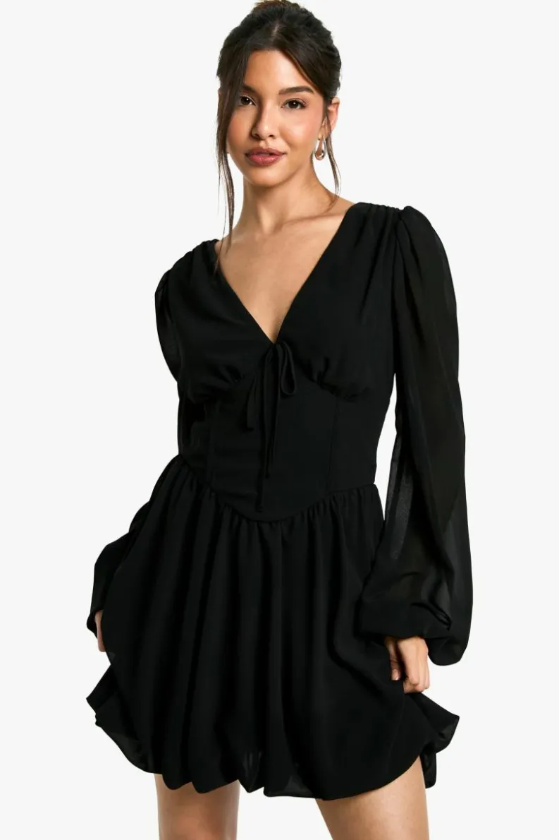 Skater Dresses|Mini Dresses*boohoo Chiffon Puff Sleeve Milkmaid Skater Dress black