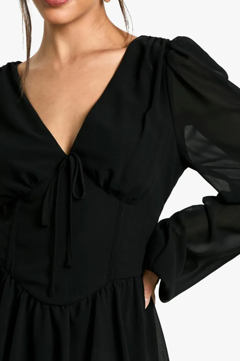 Skater Dresses|Mini Dresses*boohoo Chiffon Puff Sleeve Milkmaid Skater Dress black