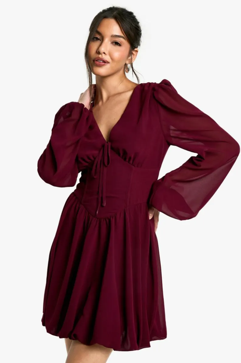 Skater Dresses|Mini Dresses*boohoo Chiffon Puff Sleeve Milkmaid Skater Dress burgundy