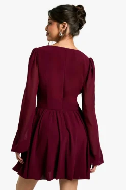 Skater Dresses|Mini Dresses*boohoo Chiffon Puff Sleeve Milkmaid Skater Dress burgundy