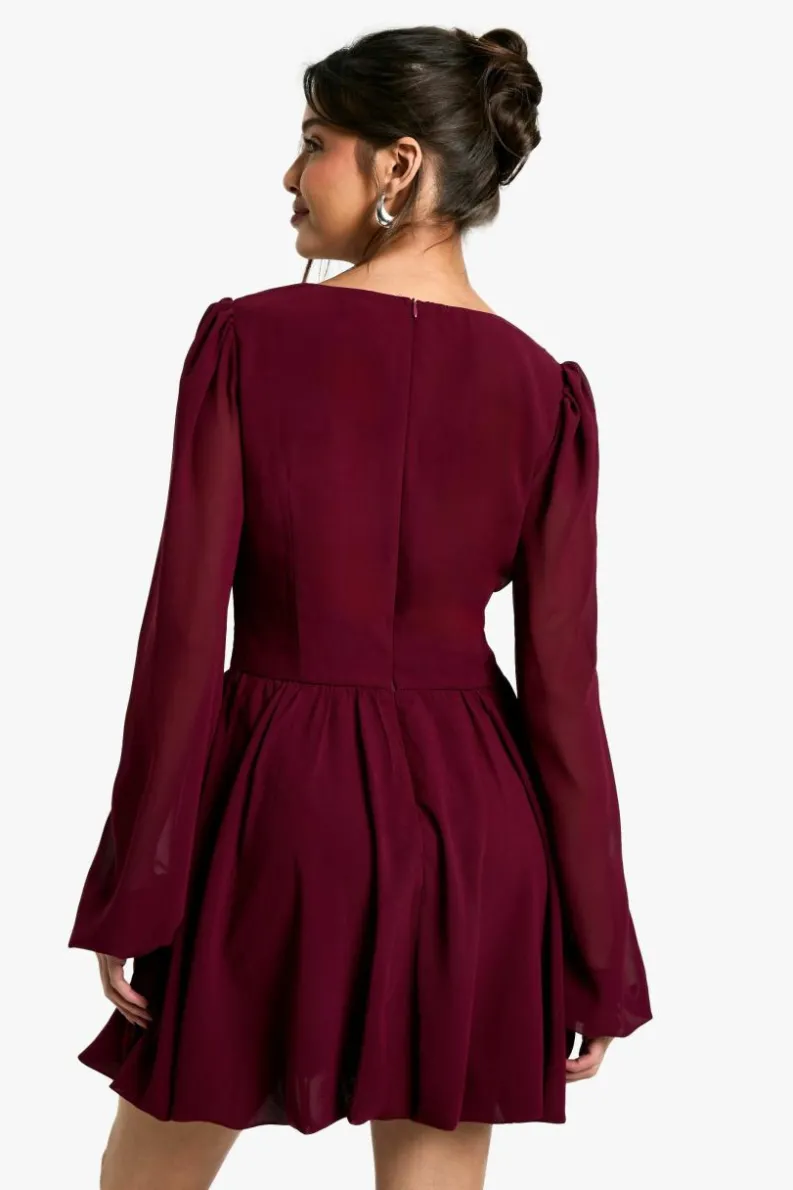 Skater Dresses|Mini Dresses*boohoo Chiffon Puff Sleeve Milkmaid Skater Dress burgundy