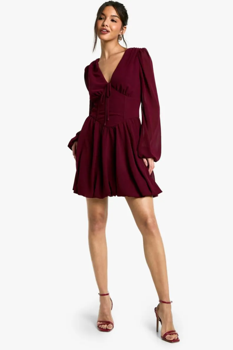 Skater Dresses|Mini Dresses*boohoo Chiffon Puff Sleeve Milkmaid Skater Dress burgundy
