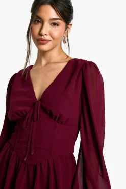 Skater Dresses|Mini Dresses*boohoo Chiffon Puff Sleeve Milkmaid Skater Dress burgundy
