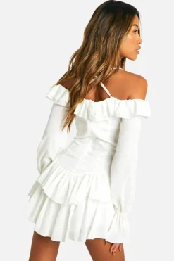Smock Dresses*boohoo Chiffon Ruffle Cold Shoulder Smock Dress white