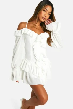 Smock Dresses*boohoo Chiffon Ruffle Cold Shoulder Smock Dress white