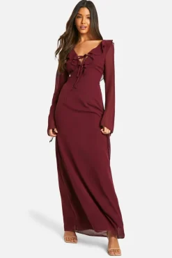 Maxi Dresses|Long Sleeve Dresses*boohoo Chiffon Ruffle Front Tie Sleeve Maxi Dress burgundy