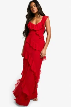 Maxi Dresses*boohoo Chiffon Ruffle Strappy Maxi Dress red
