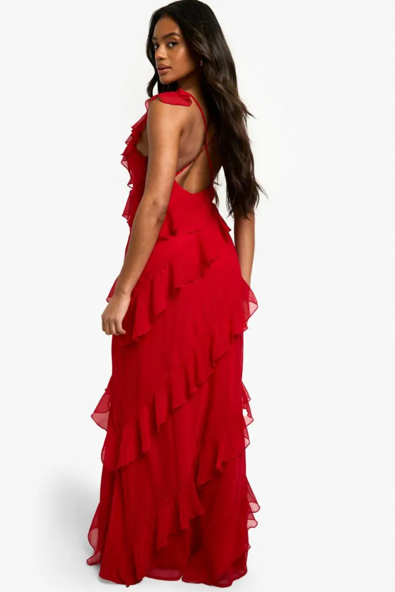 Maxi Dresses*boohoo Chiffon Ruffle Strappy Maxi Dress red