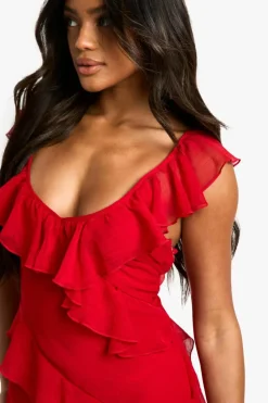Maxi Dresses*boohoo Chiffon Ruffle Strappy Maxi Dress red