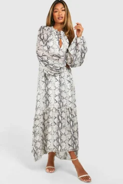 Smock Dresses*boohoo Chiffon Snake Tie Neck Midaxi Smock Dress grey