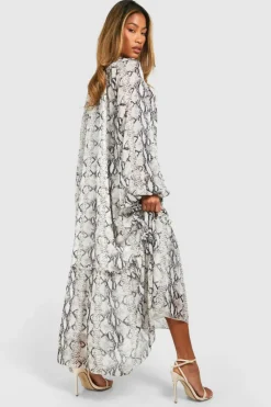 Smock Dresses*boohoo Chiffon Snake Tie Neck Midaxi Smock Dress grey