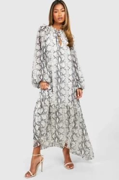 Smock Dresses*boohoo Chiffon Snake Tie Neck Midaxi Smock Dress grey