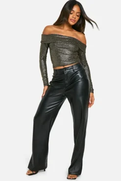 Long Sleeve Tops*boohoo Christmas Glitter Bardot Long Sleeve Top black
