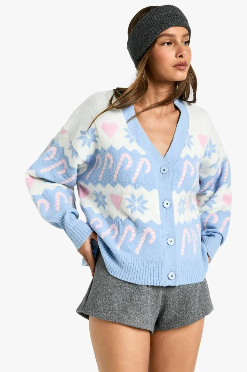 Cardigans*boohoo Christmas Heart Fairisle Cardigan blue