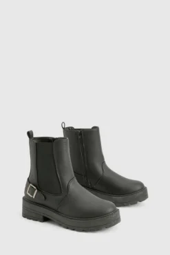 Chunky Boots|Ankle Boots*boohoo Chunky Buckle Detail Chelsea Boots black